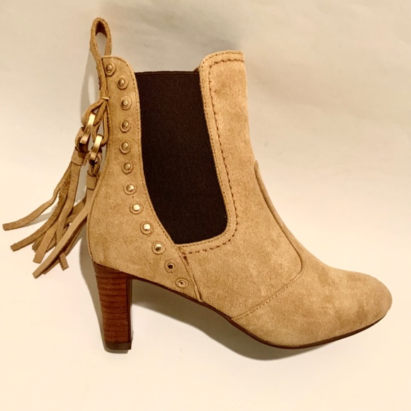 See by Chloé Medium Beige Tan Suede Tasseled Studded Bootie Nude Ankle Boot 36.5 - Picture 10 of 11